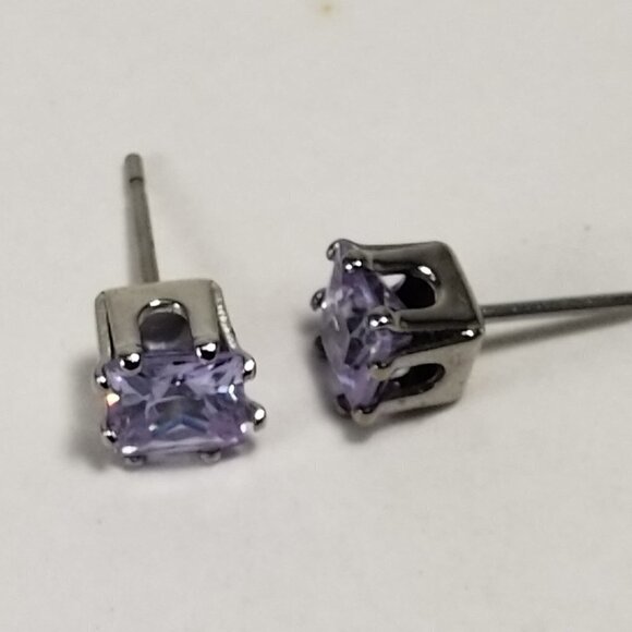 Lavender CZ Stud Earrings | Sterling Silver Overlay Princess Cut Crystal Jewelry - Picture 4 of 8